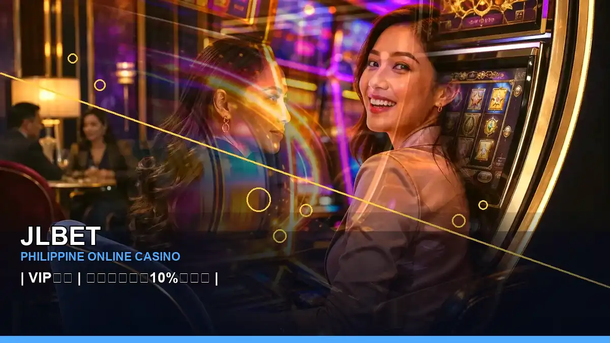 JLBET coins casino cashback rewards featuring an adult Filipina casino host with a layered collage composition